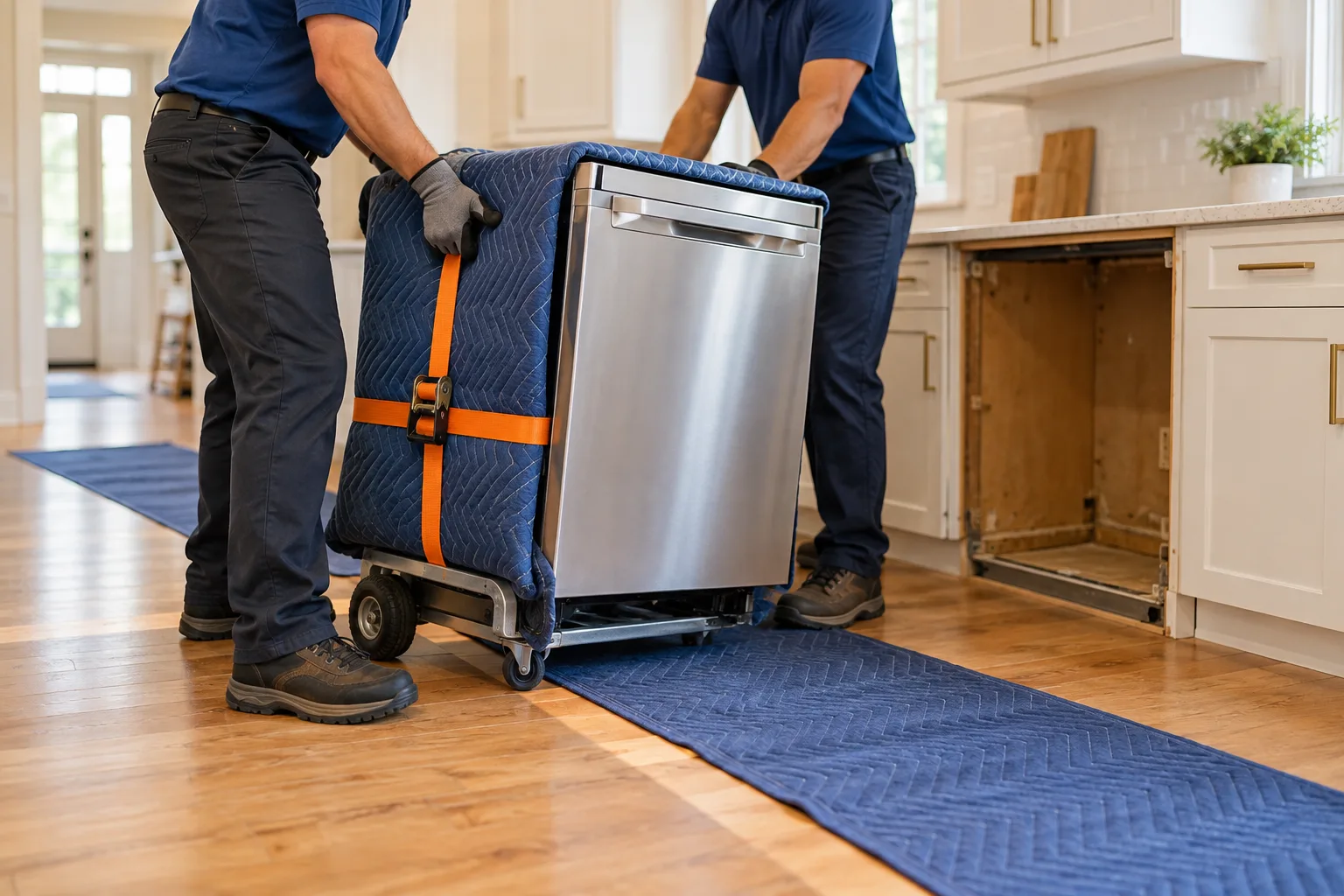 Movers wrapping a disconnected dishwasher for carry-out