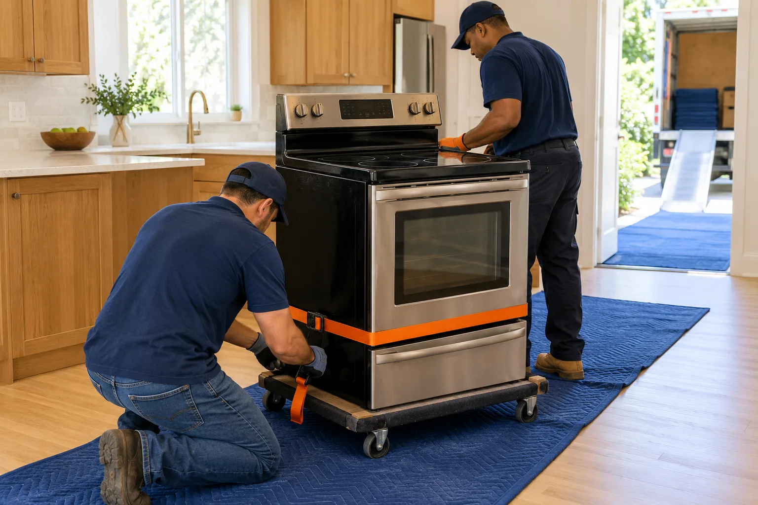 Movers securing a freestanding electric range on a low dolly