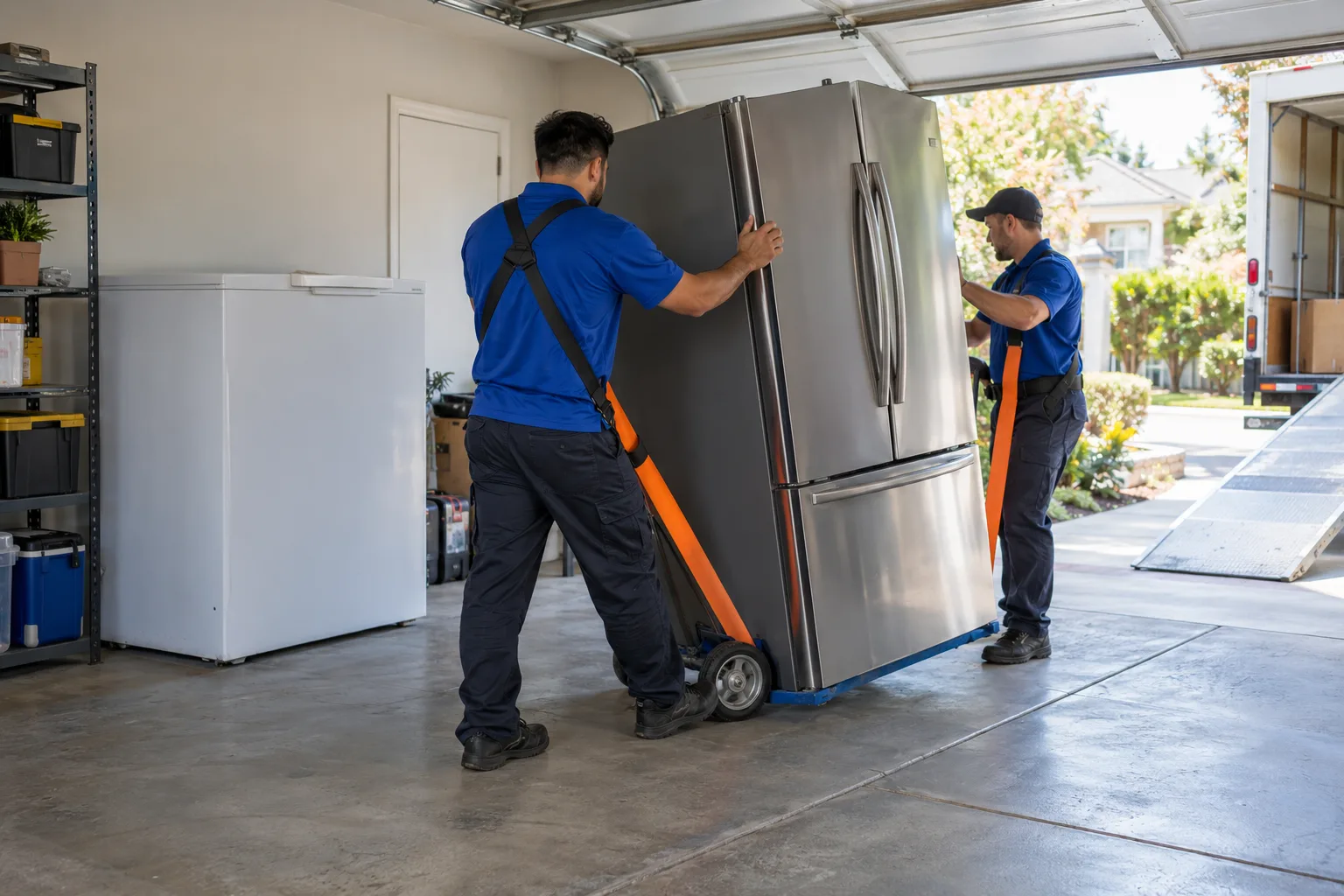 Movers guiding a refrigerator through a residential garage
