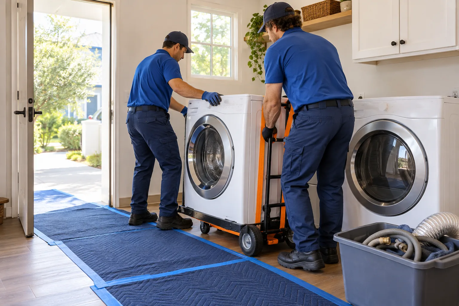 Movers positioning a washer on an appliance dolly in a laundry room
